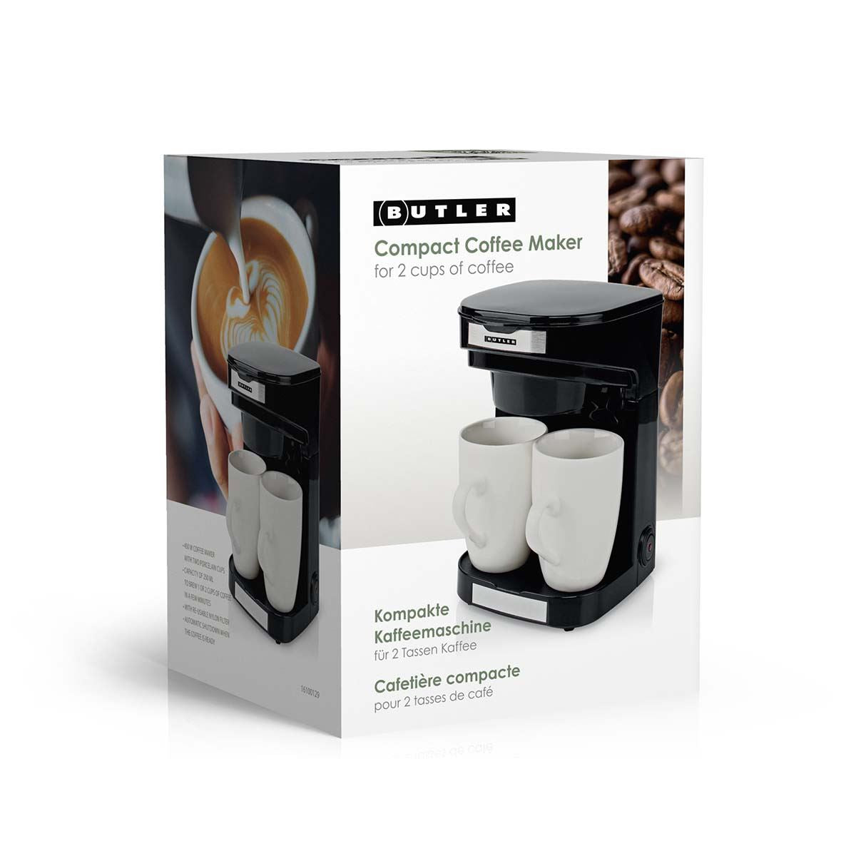 Butler Compact Coffee Maker | Filter Coffee | 2 Porcelain Cups | 0.25 l | 450 W | Auto Shut-off | Black