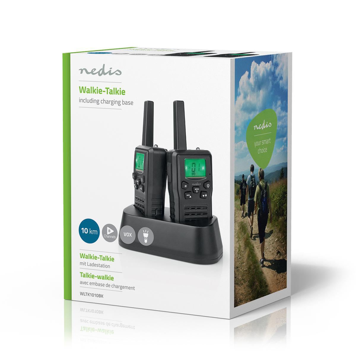 Nedis Walkie-Talkie Set | 2 Handsets | Up to 10 km | Frequency channels: 8 | PTT / VOX | up to 6 Hours | Charging base included | Headphone output | Black