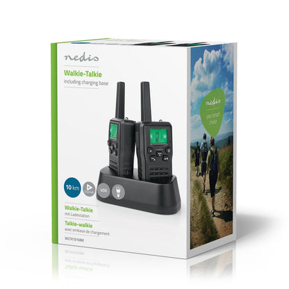 Nedis Walkie-Talkie Set | 2 Handsets | Up to 10 km | Frequency channels: 8 | PTT / VOX | up to 6 Hours | Charging base included | Headphone output | Black