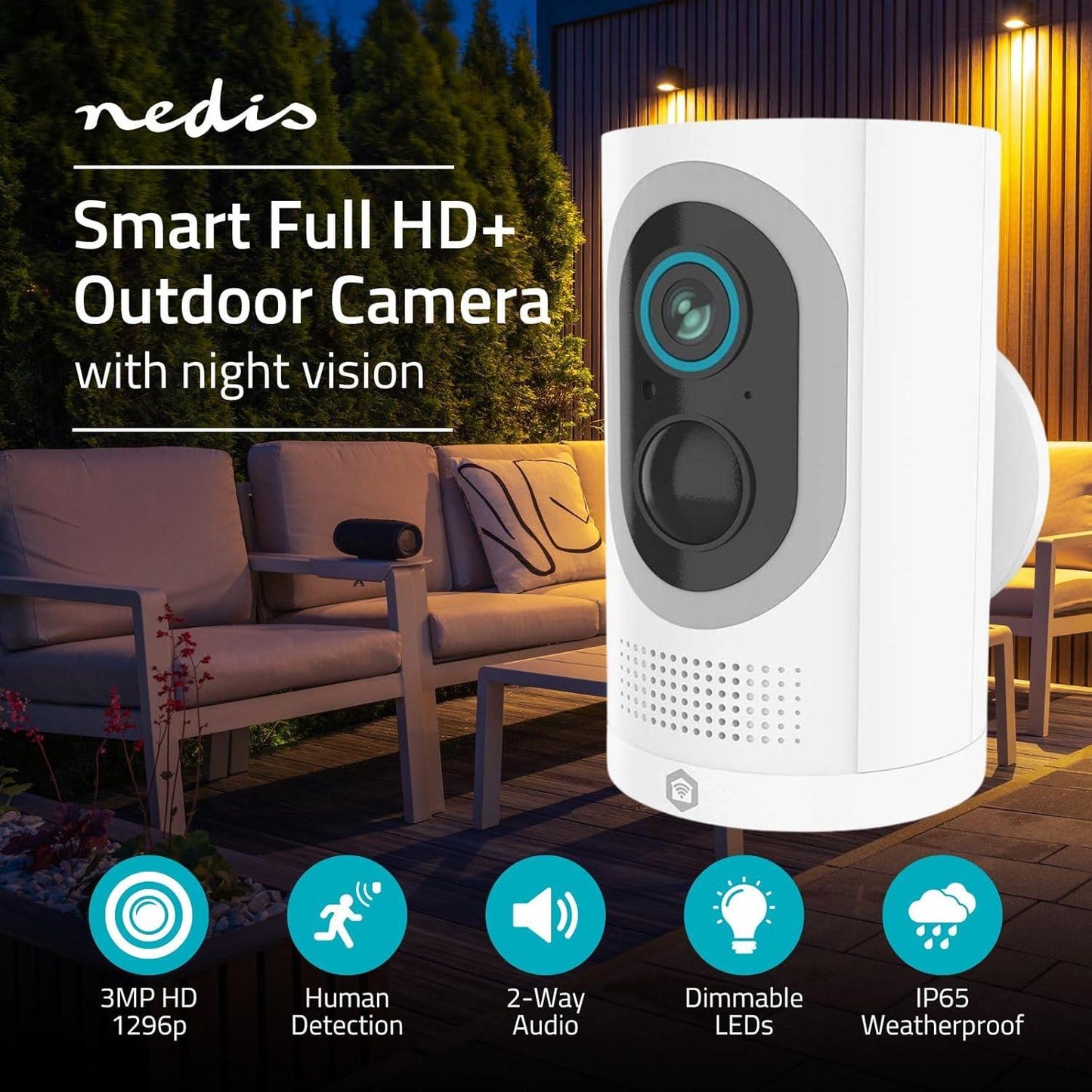 Nedis SmartLife Outdoor Camera | Spotlight | 3MP Full HD 1296p | IP65 | Max. battery life: 6 Months | Cloud Storage (optional) / microSD (not included) | 5 V DC | With motion sensor | Night vision | White