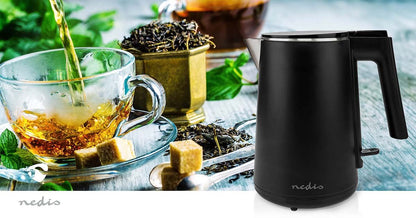 Nedis Electric Kettle | 1.0 l | Plastic | Black | Rotatable 360 degrees | Concealed heating element | Strix® controller | Boil-dry protection