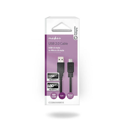 Nedis CCGB60500BK10 | USB Cable | USB 2.0 | USB-A Male | USB Micro-B Male | 480 Mbps | Nickel Plated | 1.00 m | Round | PVC | Black | Box