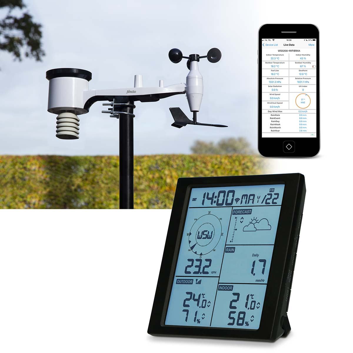 Alecto WS5200 | 6-in-1 Wi-Fi Weather Station | Indoor and Outdoor Temperature, Forecast, Wind, Pressure, Humidity, Rain & More | Outside Wireless sensor | Application | Black