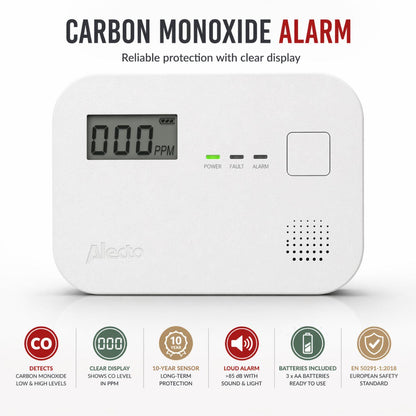 Alecto COA3910 Carbon monoxide Alarm with 10 year Sensor Runtime & LCD Display | EN50291-1:20180 | White