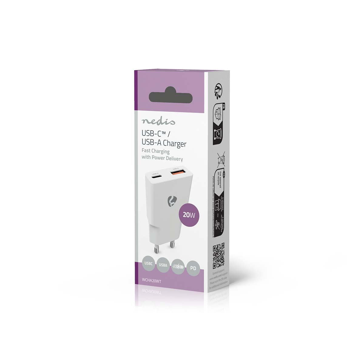 Nedis Wall Charger | 20 W | GaN | PD3.0 | Quick charge feature | 1.5 / 2.0 / 2.22 / 3.0 A | Number of outputs: 2 | USB-A / USB-C™ | Automatic Voltage Selection | White