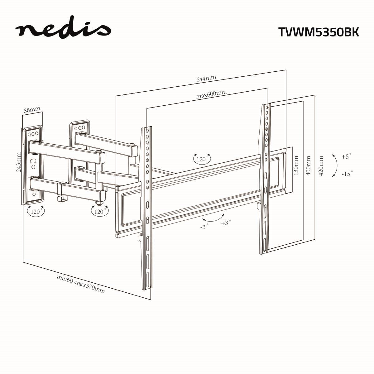 Nedis Full Motion TV Wall Mount | 32 - 70 " | Maximum supported screen weight: 40 kg | Tiltable | Rotatable | Minimum wall distance: 80 mm | Maximum wall distance: 520 mm | 3 Pivot point(s) | Steel | Black