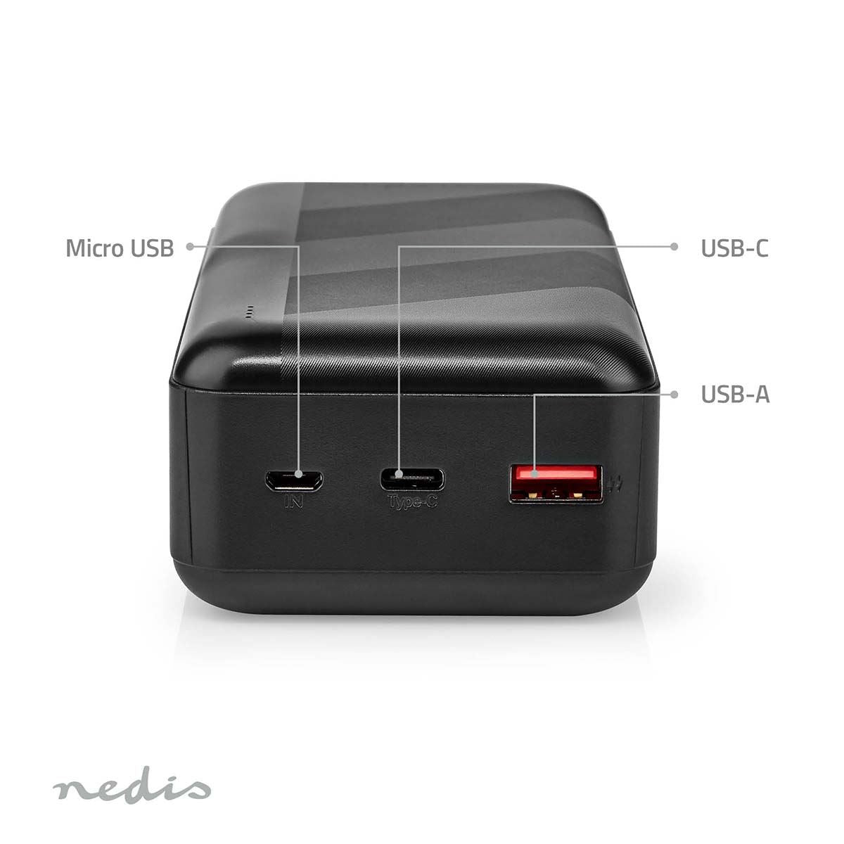 Nedis Powerbank | 32000 mAh | 2.4 / 3.0 / 3.25 A | Number of outputs: 2 | Output connection: 1x USB-A / 1x USB-C™ | Input connection: 1x Micro USB / 1x USB-C™ | PD3.0 45W / PD3.0 65W | Lithium-Polymer