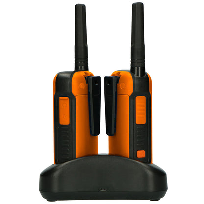 Alecto FR300OE | Walkie-Talkie Set | 2 Handsets | Up to 10 km | Frequency channels: 16 | PTT / VOX | 110 h standby| Charging base included | Headphone output | Orange