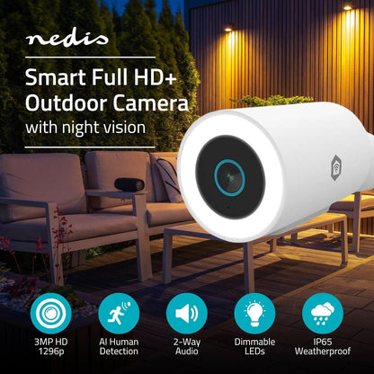 Nedis SmartLife Outdoor Camera | Spotlight | 3MP Full HD 1296p | IP65 | Cloud Storage (optional) / microSD (not included) / Onvif | 5 V DC | With motion sensor | Night vision | White