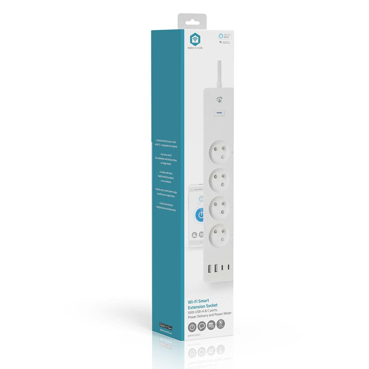 Nedis SmartLife Power Strip | Wi-Fi | 2x USB-A / 2x USB-C™ / 4x plug with earth contact (CEE 7/5) | 16 A | 3680 W | 2.00 m | 0 - 55 °C | Android™ / IOS | White