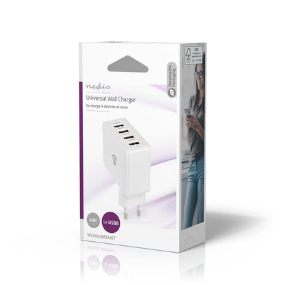 Nedis Wall Charger | 24 W | Quick charge feature | 4x 2.4 A | Number of outputs: 4 | 4x USB-A | No Cable Included | Single Voltage Output | White