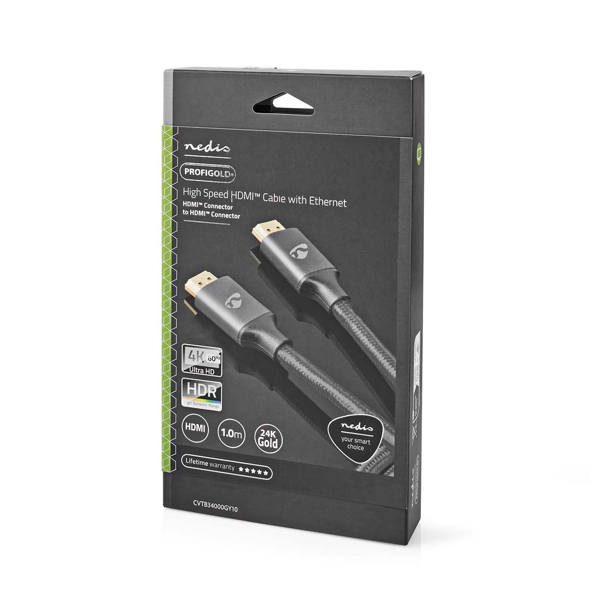 Nedis High Speed HDMI™ Cable with Ethernet | HDMI™ Connector | HDMI™ Connector | 4K@60Hz | ARC | 18 Gbps | 1.00 m | Round | Cotton | Grey / Gun Metal Grey | Cover Window Box