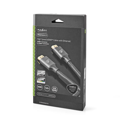 Nedis High Speed HDMI™ Cable with Ethernet | HDMI™ Connector | HDMI™ Connector | 4K@60Hz | ARC | 18 Gbps | 1.00 m | Round | Cotton | Grey / Gun Metal Grey | Cover Window Box