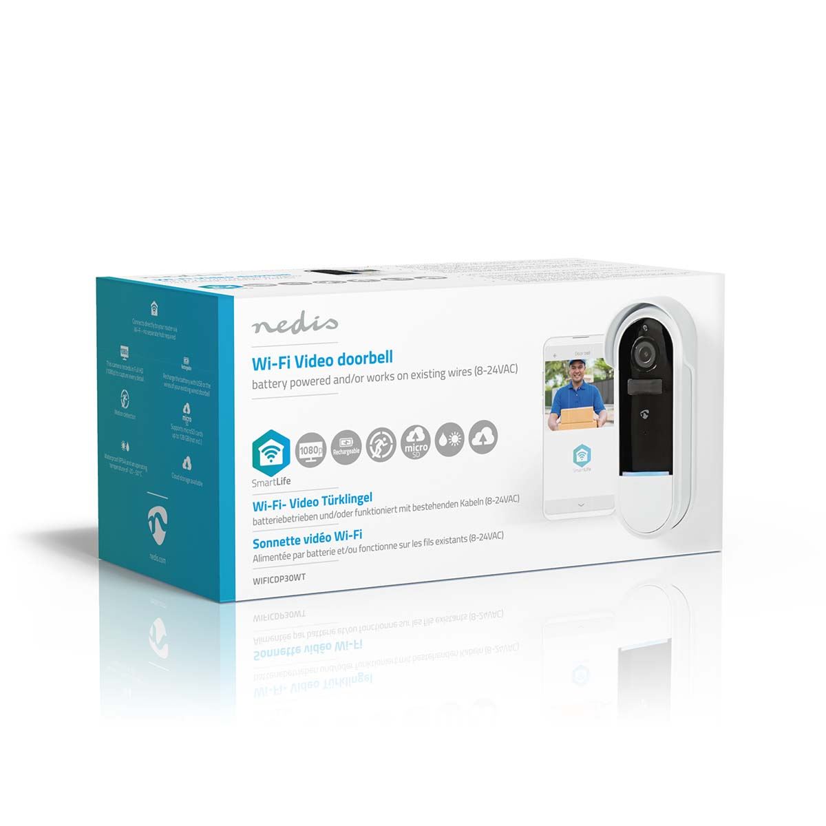 Nedis SmartLife Video Doorbell | Wi-Fi | Battery Powered / Transformer | Full HD 1080p | Cloud Storage (optional) / microSD (not included) | IP54 | With motion sensor | Night vision | White