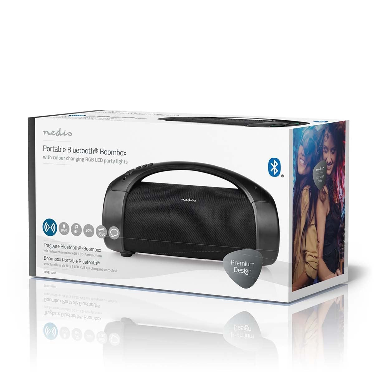 Nedis Bluetooth® Party Boombox | 6 hrs | 2.0 | 50 W | Media playback: AUX / USB | IPX5 | Linkable | Carrying handle | Party lights | Black