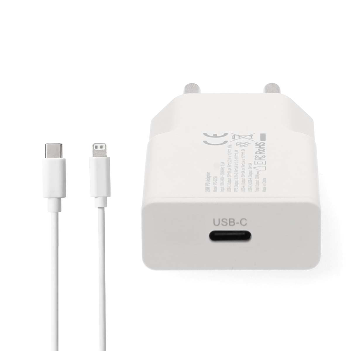 Nedis Wall Charger | 20 W | GaN | PD3.0 | Quick charge feature | 1.67 / 2.22 / 3.0 A | Number of outputs: 1 | USB-C™ | Lightning 8-Pin (Loose) Cable | 1.00 m | Automatic Voltage Selection | White