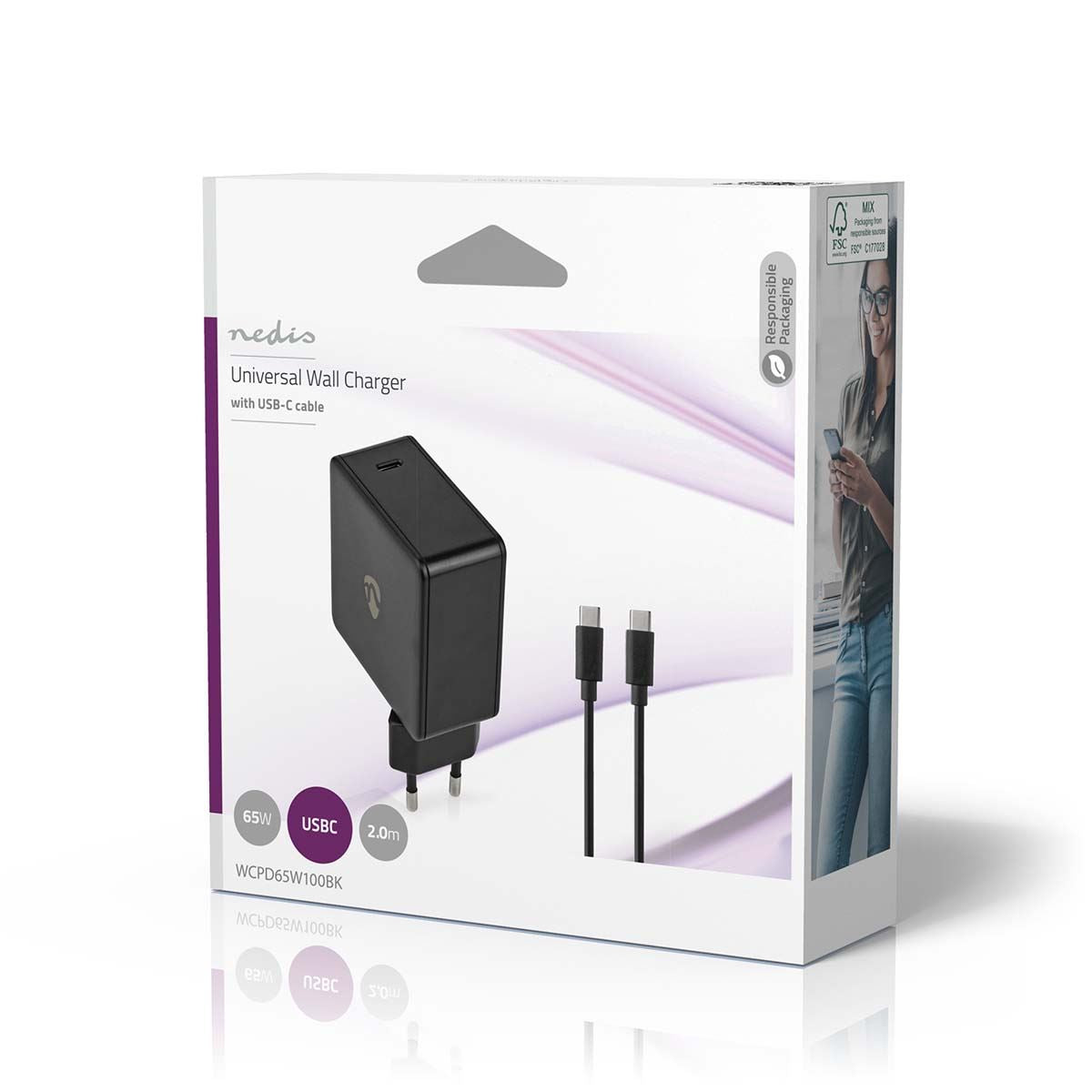 Nedis Wall Charger | 65 W | Quick charge feature | 3.0 / 3.25 A | Number of outputs: 1 | USB-C™ | Type-C™ | 2.00 m | Automatic Voltage Selection | Black