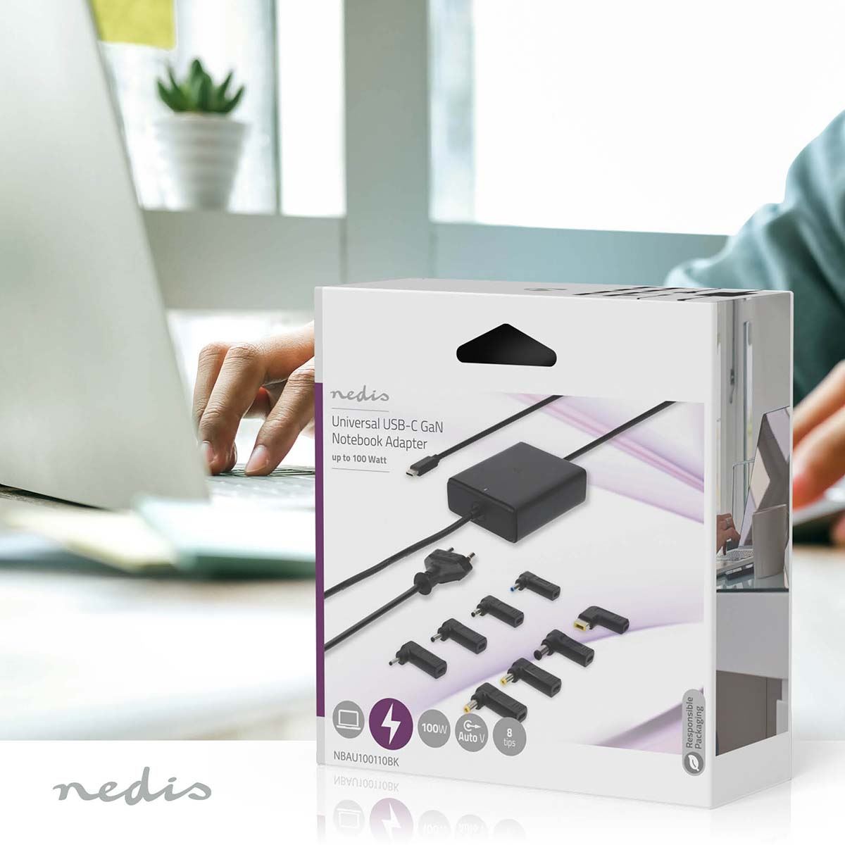 Nedis Notebook Adapter | GaN | 100 W | 5 / 9 / 12 / 15 / 20 V DC | 3.0 / 5.0 A | Used for: Notebook / Smartphone / Tablet | Euro / Type-C (CEE 7/16)