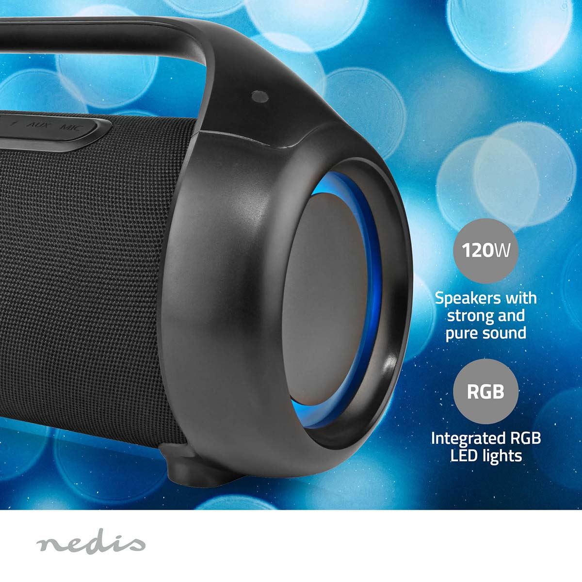 Nedis Bluetooth® Party Boombox | 9.5 hrs | 2.1 | 120 W | Media playback: AUX | IPX5 | Linkable | Carrying handle | Party lights | Black