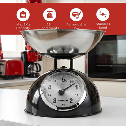 MELISSA Retro Kitchen Scale | Analog | Metal Housing | Removable bowl | Max. 5kg | 25-gram increments | Black