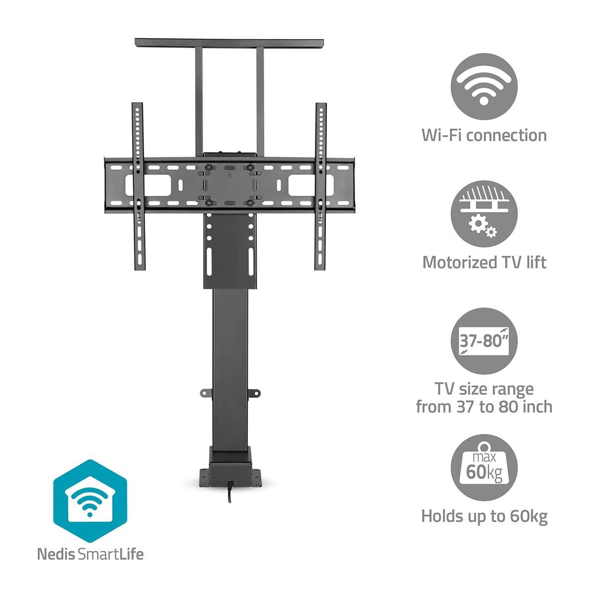 Nedis Motorised TV Stand | 37 - 80 " | Maximum supported screen weight: 60 kg | Built-in Cabinet Design | Lift range: 79 - 184 cm | Remote controlled | ABS / Steel | Black