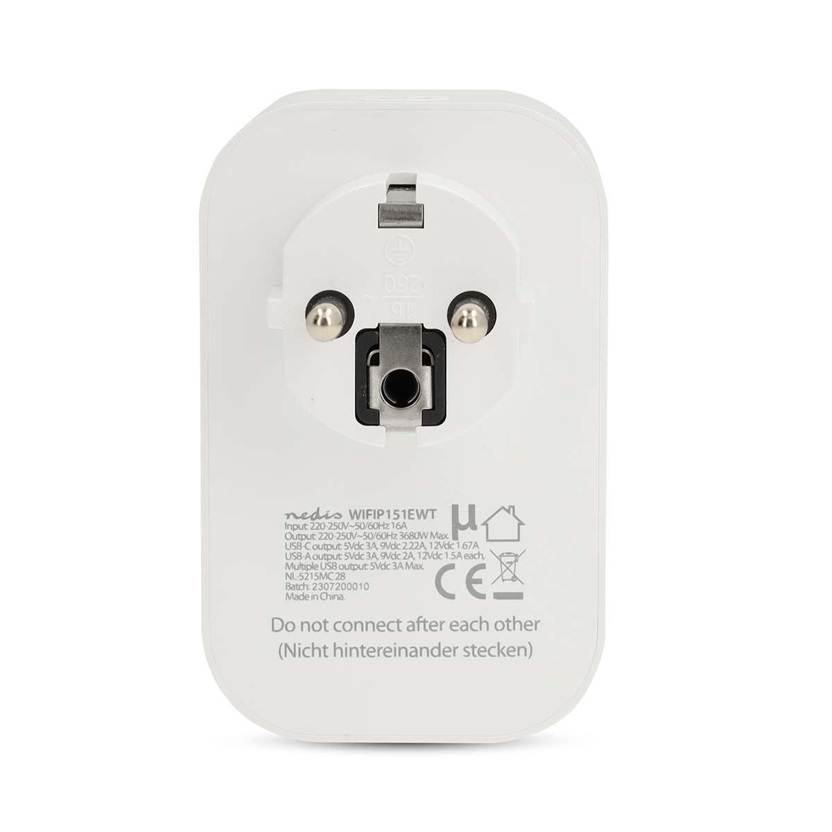 Nedis SmartLife Smart Plug | Wi-Fi | IP21 | Power meter | 3680 W | Type E (CEE 7/6) / 1x USB-C™ / 2x USB | 0 - 55 °C | Android™ / IOS | White | 1 pcs