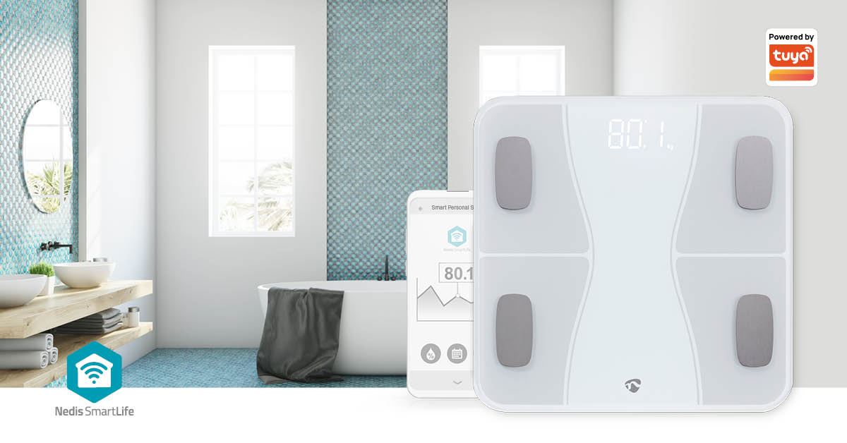 Nedis SmartLife Personal Scale | Bluetooth® | BMI / BMR / Bones / Fat / Muscles / Water / Weight | 12 | Peak load: 180 kg | Android™ / IOS | ABS / Glass | White