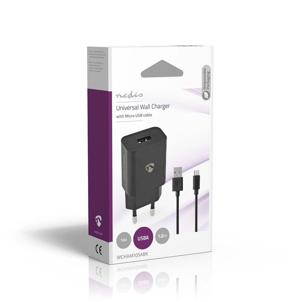 Nedis Wall Charger | 5 W | 1.0 A | Number of outputs: 1 | USB-A | Micro USB (Loose) Cable | 1.00 m | Single Voltage Output | Black