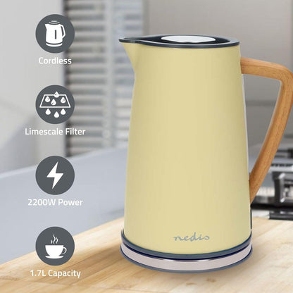 Nedis Electric Kettle | 1.7 l | Soft-Touch | Yellow | Rotatable 360 degrees | Concealed heating element | Strix® controller | Boil-dry protection