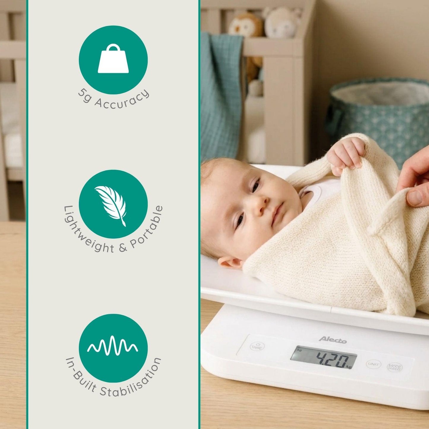 Alecto BC70 Digital Baby Weighing Scales, Personal Scale and Pet Scale in one - Up to 150 kg with Removable Weighing Surface - White
