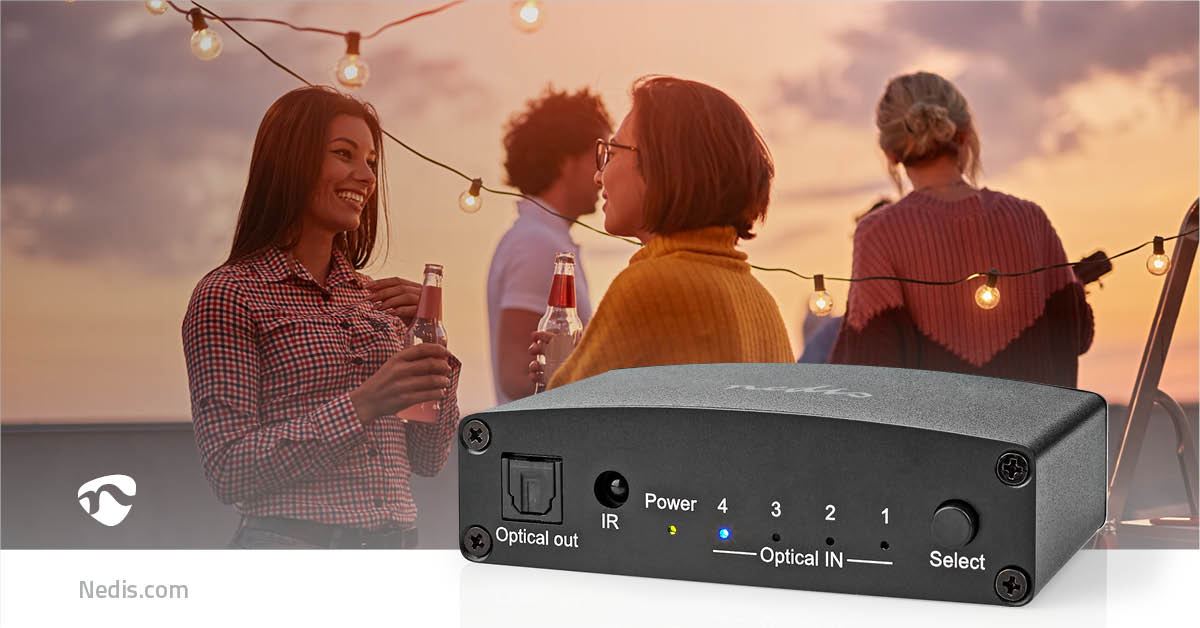 Nedis Digital Audio Switch | 4-way | Connection input: DC Power / 4x TosLink | Connection output: TosLink Female | Manual / Push Button / Remote Control | Metal | Black
