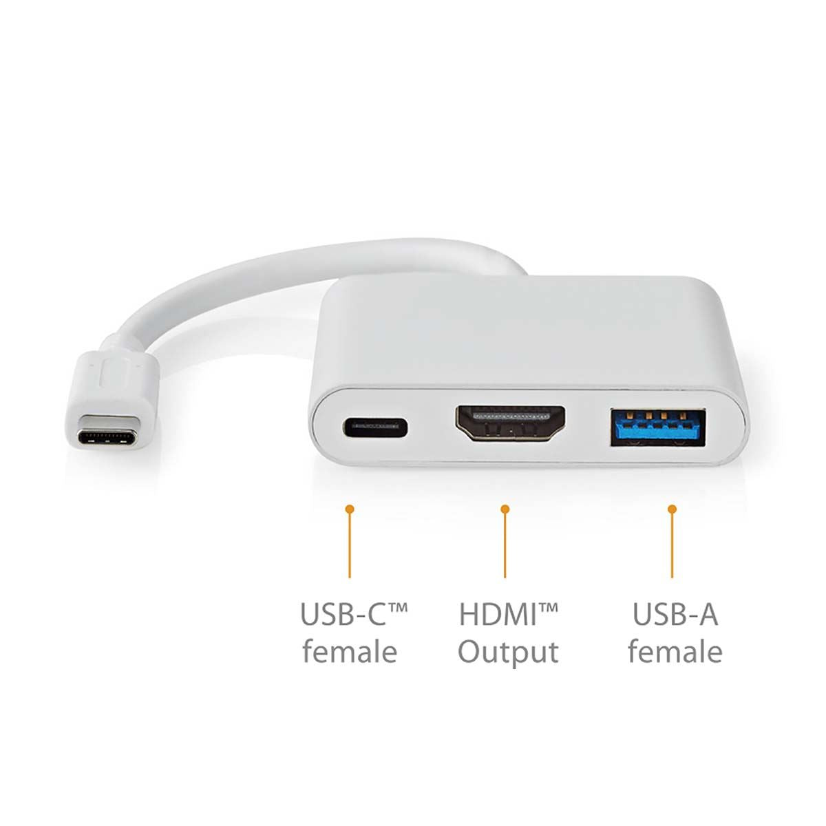 Nedis USB Multi-Port Adapter | USB 3.2 Gen 1 | USB-C™ Male | HDMI™ Output / USB-A Female / USB-C™ Female | 5 Gbps | 0.10 m | Round | Nickel Plated | PVC | White | Box | 12.349.563