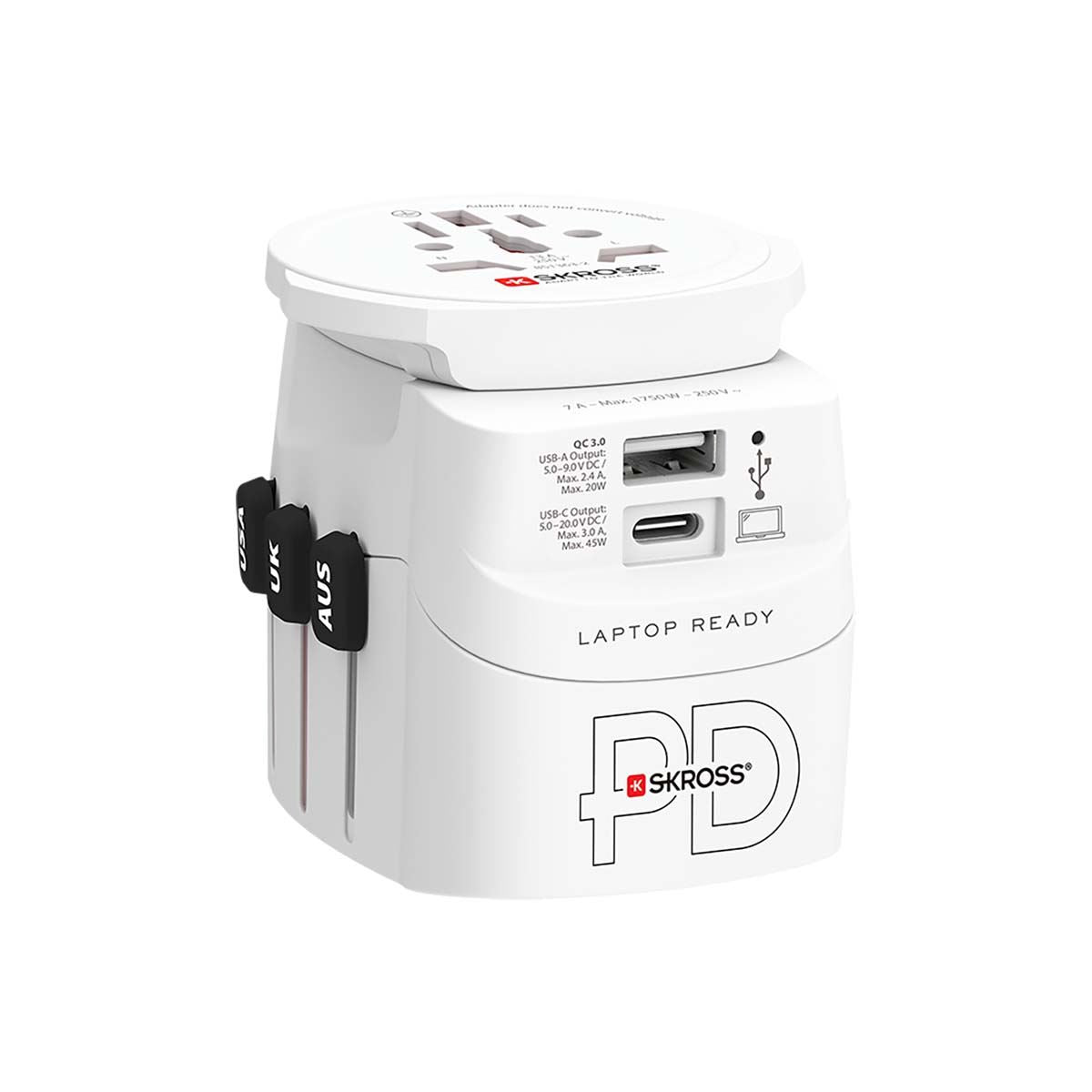 Skross SKR1302474 | Travel adapter 3-pole earthed with integrated fast charging 45 watt PD USB charger (1 x USB C & 1 x USB)