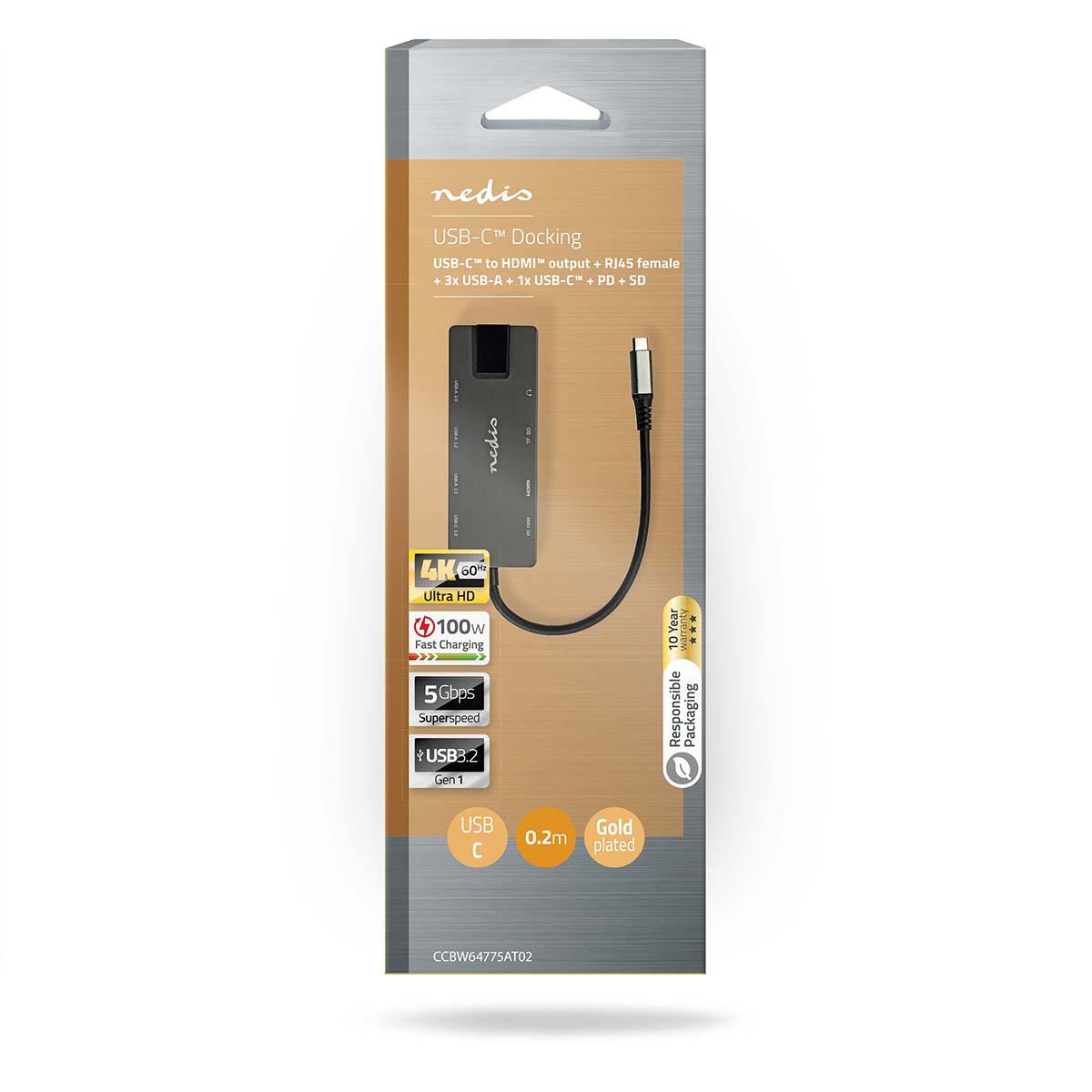 Nedis USB Multi-Port Adapter | USB 3.2 Gen 1 | USB-C™ Male | HDMI™ Output / RJ45 Female / SD / 2x USB-C™ / 3.5 mm Female / 3x USB-A Female | 5 Gbps | 0.20 m | Round | Gold Plated | PVC | Anthracite | Box
