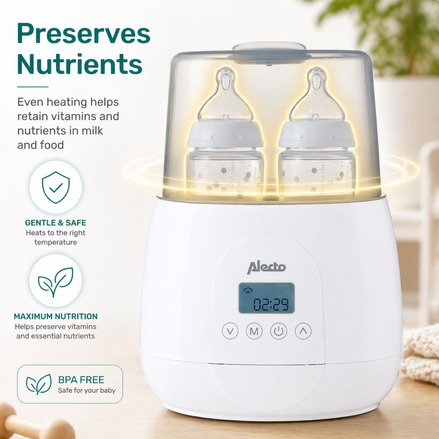 Alecto BW700TWIN | 2 Bottle Warmer, Baby Double Bottle Sterilizer with Digital Display and Temperature Control | White