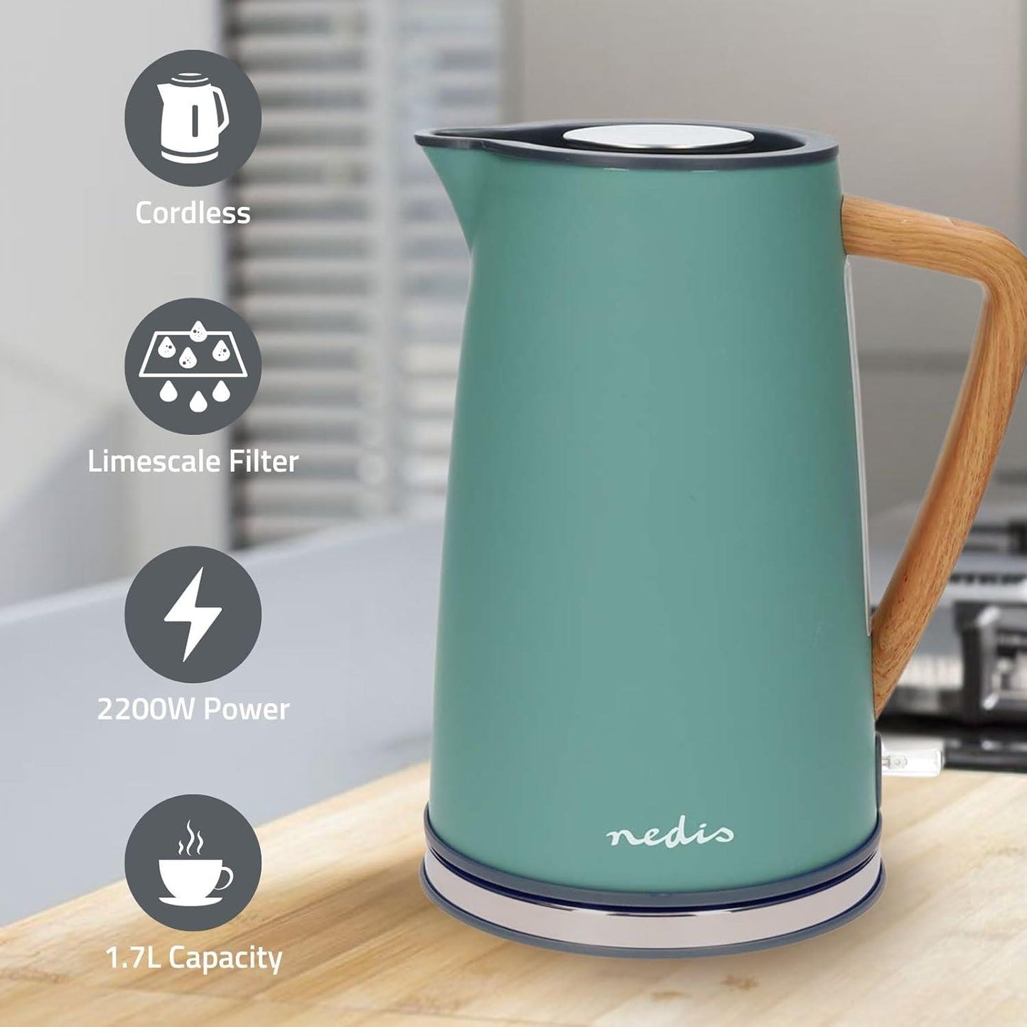 Nedis Electric Kettle | 1.7 l | Soft-Touch | Green | Rotatable 360 degrees | Concealed heating element | Strix® controller | Boil-dry protection