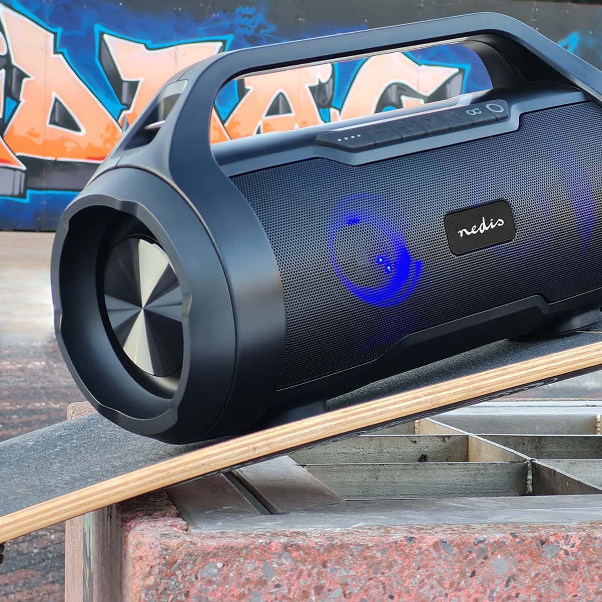 Nedis Bluetooth® Party Boombox | 6 hrs | 2.0 | 60 W | Media playback: AUX / Micro SD / USB | IPX5 | Linkable | Carrying handle | Party lights | Black