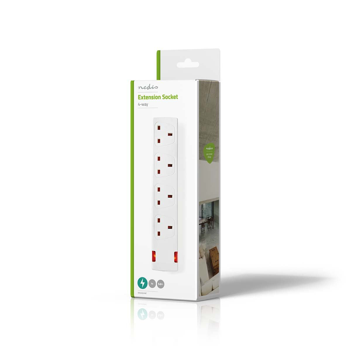 Nedis Extension Socket | Type G | 4-Way | 5.00 m | 3120 W | 13 A | Kind of grounding: UK Plug Earth pin | 230 V AC 50/60 Hz | Socket angle: 90 ° | H05VV-F 3G1.5mm² | White