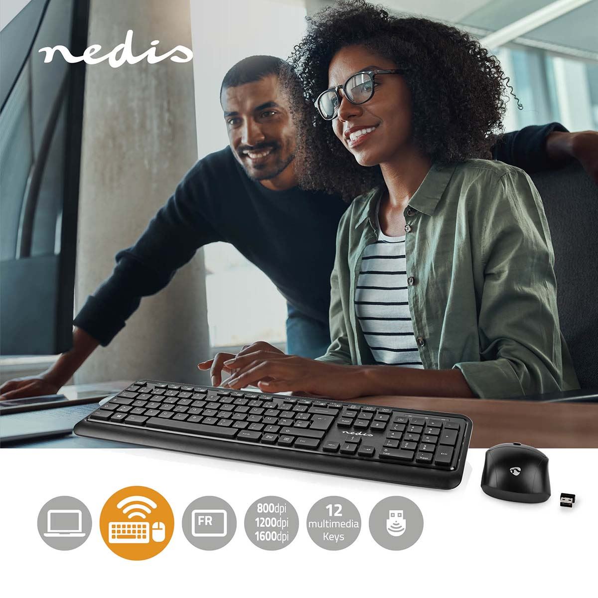 Nedis Mouse and Keyboard Set | Wireless | Mouse and keyboard connection: USB | 800 / 1200 / 1600 dpi | Adjustable DPI | AZERTY | FR Layout