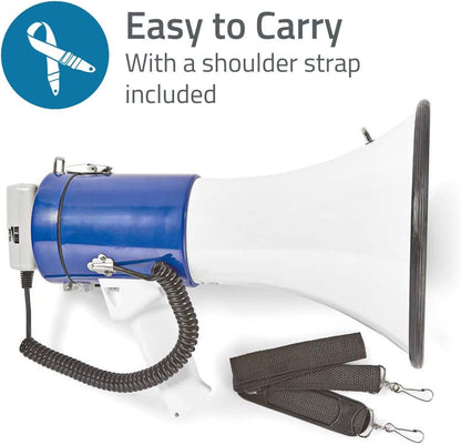 Nedis Megaphone | Maximum range: 1500 m | Maximum Volume control: 120 dB | Detachable Microphone | Built-in siren | Shoulder strap | Blue / White