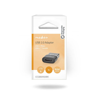 Nedis USB-A Adapter | USB 2.0 | USB-A Male | USB-C™ Female | 480 Mbps | Round | Nickel Plated | Black | Box