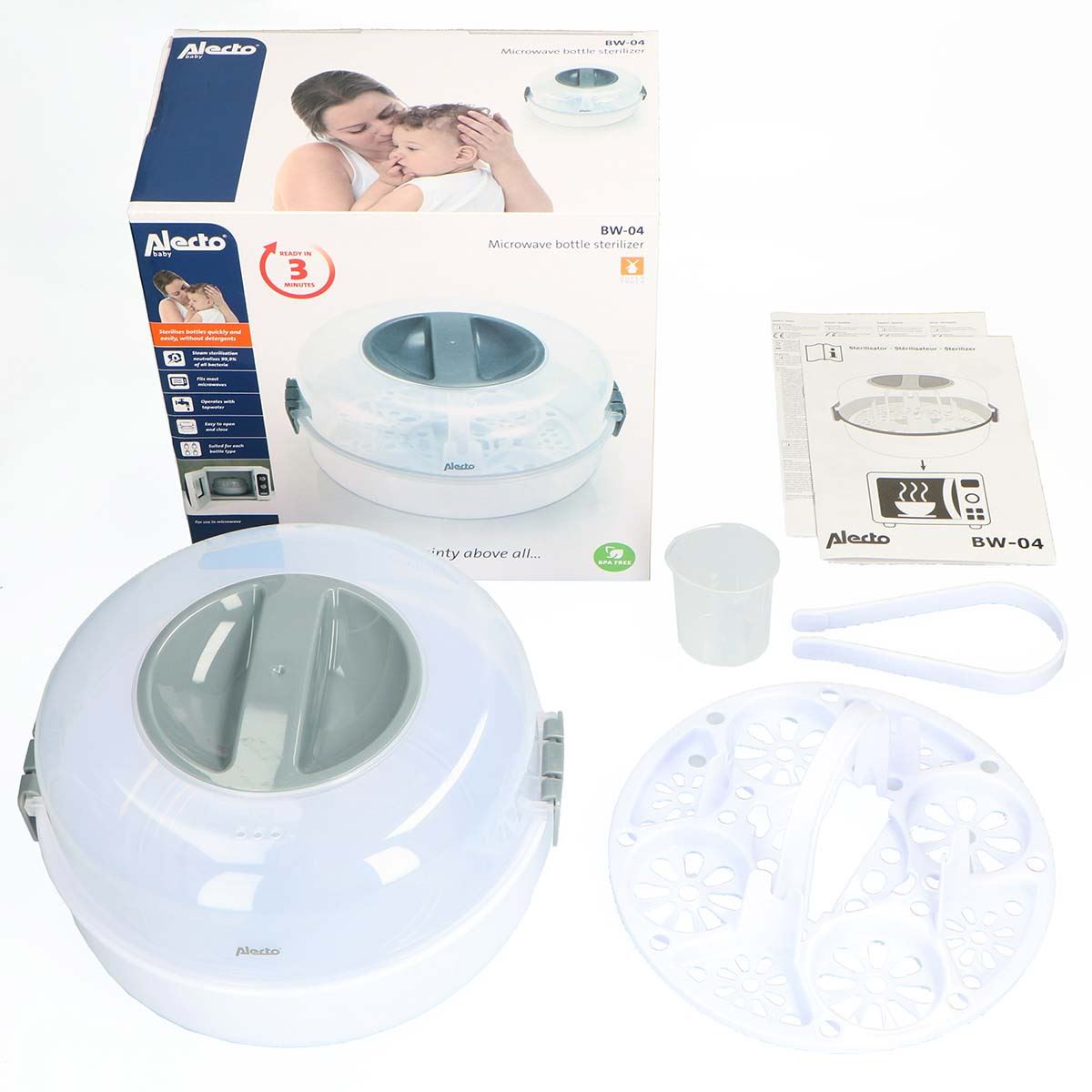 Alecto Microwave Steam Steriliser for Baby Bottles, Soothers, Breast Pumps and Feeding Accessories | White / Transparent
