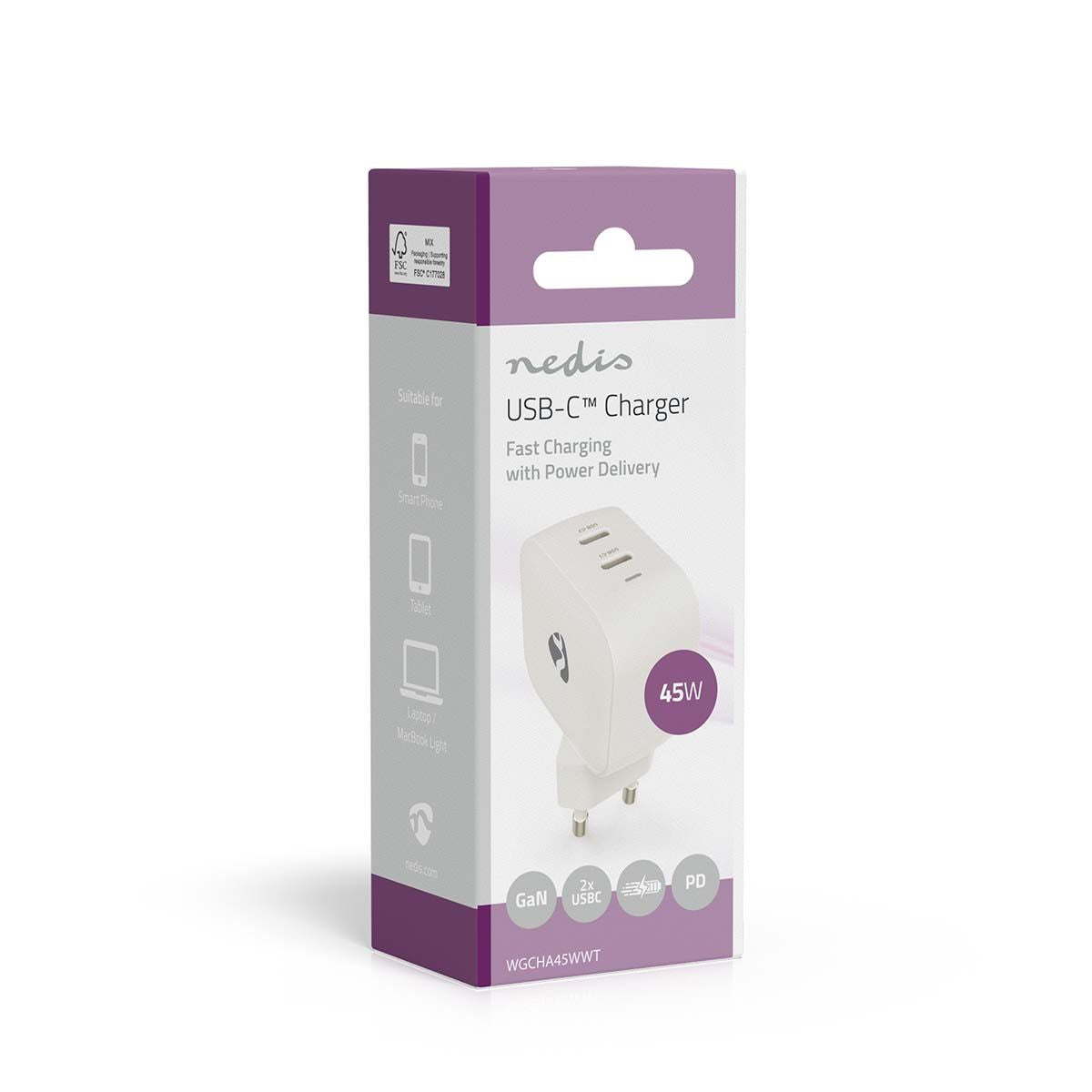 Nedis Wall Charger | 45 W | GaN | PD3.0 | Quick charge feature | 2.25 / 3.0 A | Number of outputs: 2 | 2x USB-C™ | Automatic Voltage Selection | White