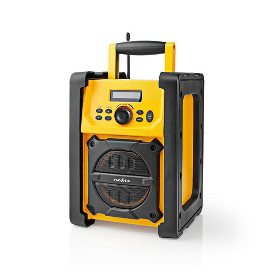 Nedis FM Radio | Jobsite Radio | FM | Battery Powered / Mains Powered | Digital | 15 W | Screen size: 2.2 " | Blue White Screen | IPX5 | Carrying handle | Black / Yellow