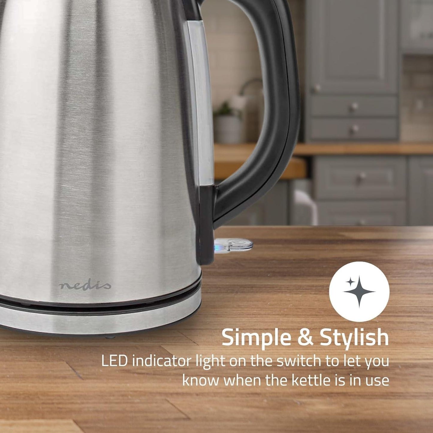 Nedis Electric Kettle | 1.7 l | Stainless Steel | Black / Silver | Rotatable 360 degrees | Concealed heating element | Strix® controller | Boil-dry protection