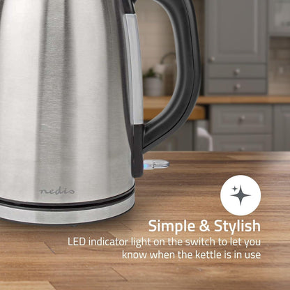 Nedis Electric Kettle | 1.7 l | Stainless Steel | Black / Silver | Rotatable 360 degrees | Concealed heating element | Strix® controller | Boil-dry protection
