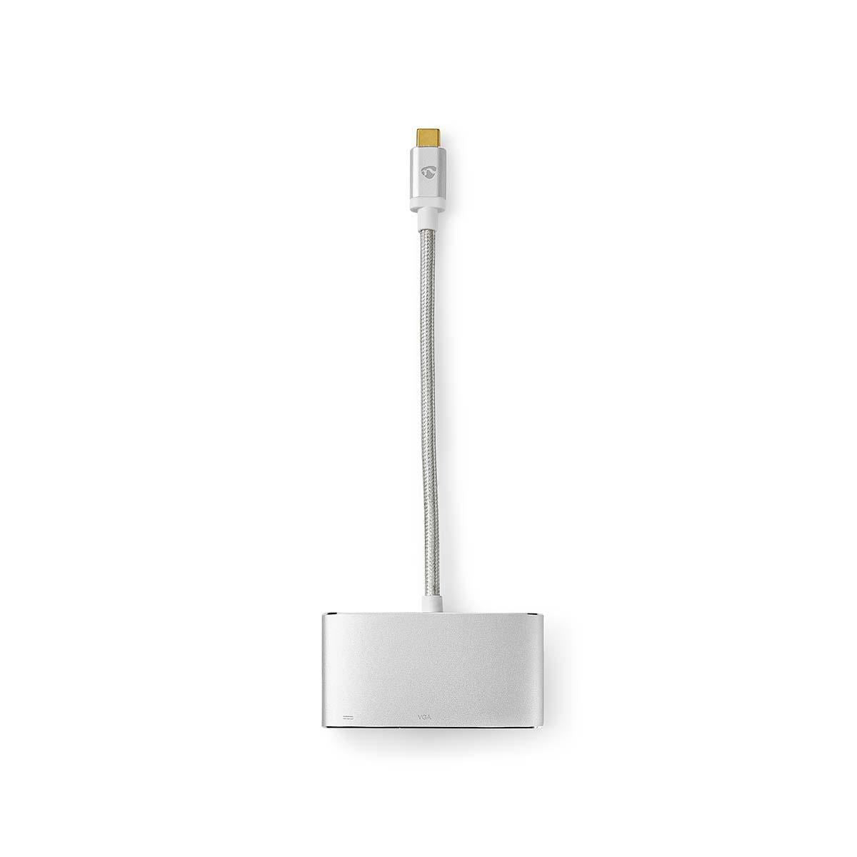 Nedis USB Multi-Port Adapter | USB 3.2 Gen 1 | USB-C™ Male | USB-A Female / USB-C™ Female / VGA Female | 5 Gbps | 0.20 m | Round | Gold Plated | Braided / Nylon | Silver | Cover Window Box