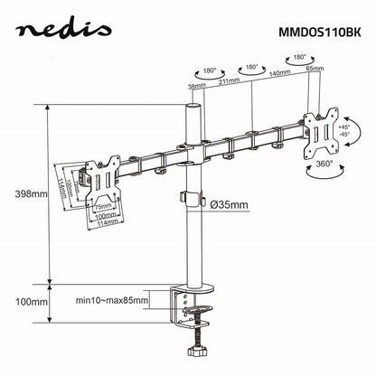 Nedis Desk Monitor Mount | 2 Screens | 15 - 32 " | 75x75 / 100x100 | Full Motion