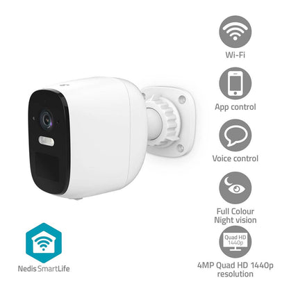 Nedis SmartLife Outdoor Camera | Wi-Fi | Spotlight | 4MP Quad HD 1440p / 2560x1440 | Pan tilt | IP66 | Max. battery life: 10 Months | Cloud Storage (optional) / microSD (not included) | 5 V DC | With motion sensor | Night vision | White