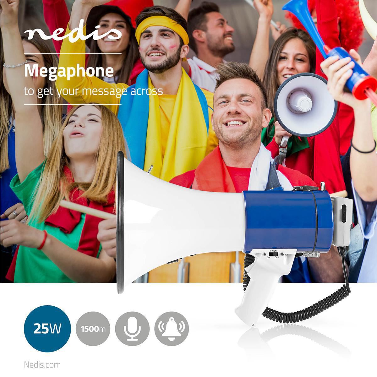 Nedis Megaphone | Maximum range: 1500 m | Maximum Volume control: 120 dB | Detachable Microphone | Built-in siren | Shoulder strap | Blue / White